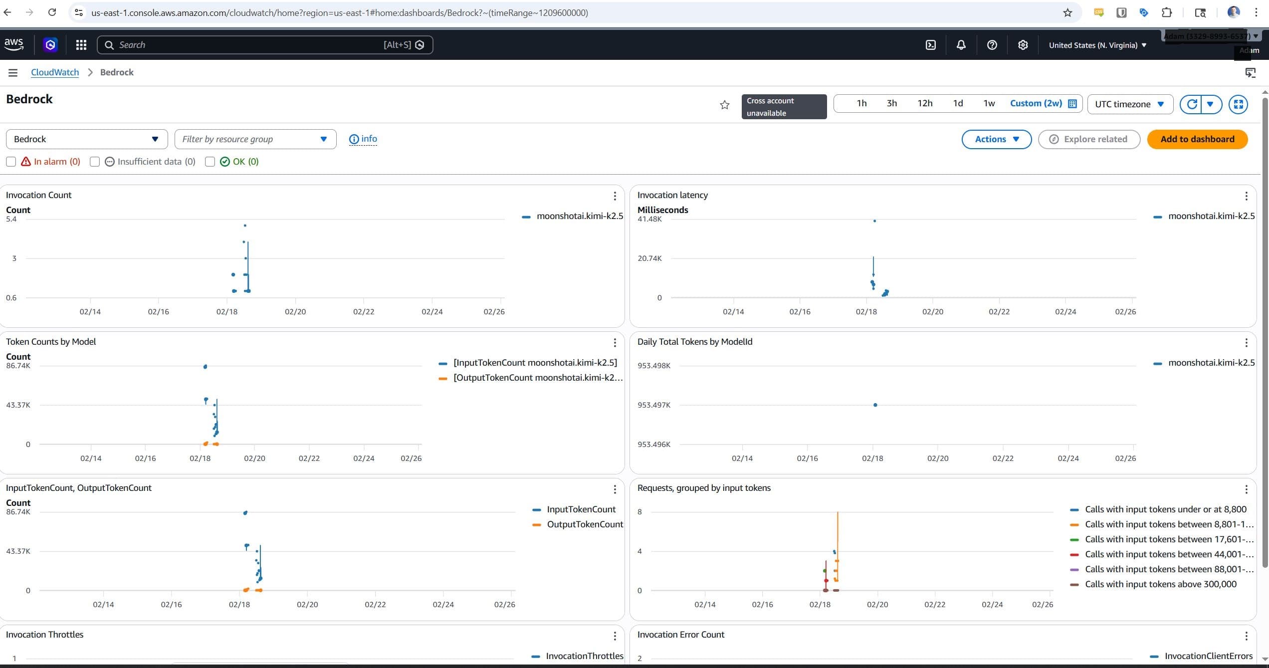 CloudWatch Bedrock dashboard showing invocation counts, token counts, and latency metrics — activity drops to zero right when the billing spike occurred